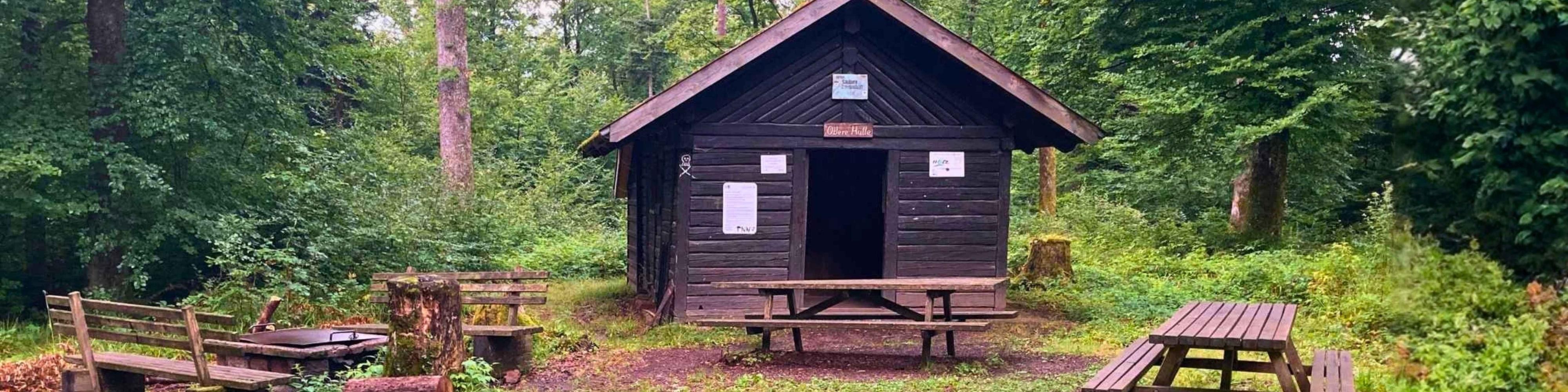 Eine Hütte im Wald: Vor der Hütte stehen Bänke und eine Feuerschale.