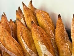 Mehrere Baguettes stehen in einem Korb.