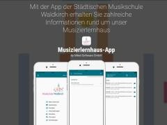 Man erkennt 3 Handies, die unterschiedliche Seiten der Musikschul App geöffnet haben.