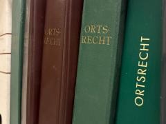 In einem Regal stehen mehrere Bücher, auf deren Bücherrücken "Ortsrecht" steht.