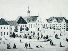 Historische Darstellung des Stiftsbezirks in schwarz-weiß. Mehrere Personen laufen durch das Bild.