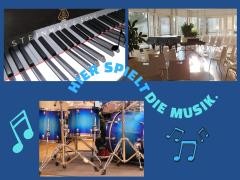 Collage zur Offenen Bühne mit einer Tastatur, dem Saal und einem blauen Drumset.