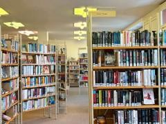 Innenansicht der Waldkircher Mediathek, in der Regale mit einer Vielzahl von Büchern gefüllt sind. 