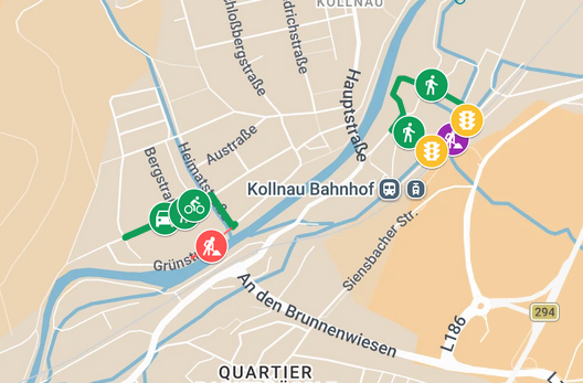 Kartenausschnitt von Kollnau mit Stra&szlig;en, Wegen und markierten Baustellen beziehungsweise Verkehrseinschr&auml;nkungen.